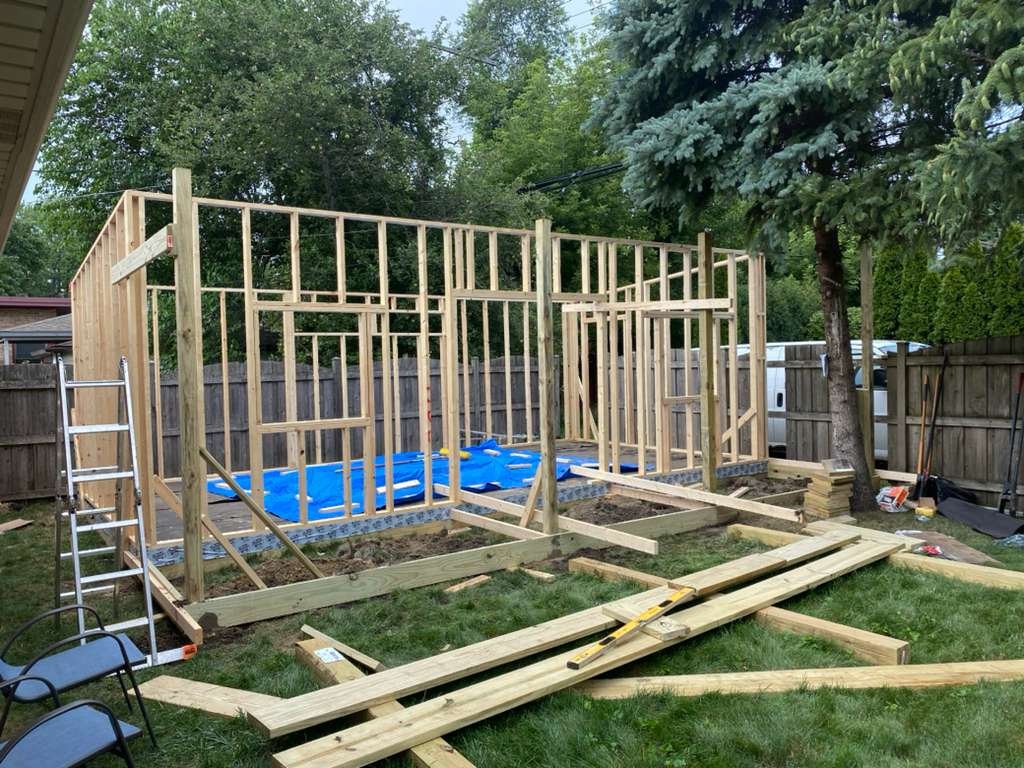 ADU framing in a residential backyard
