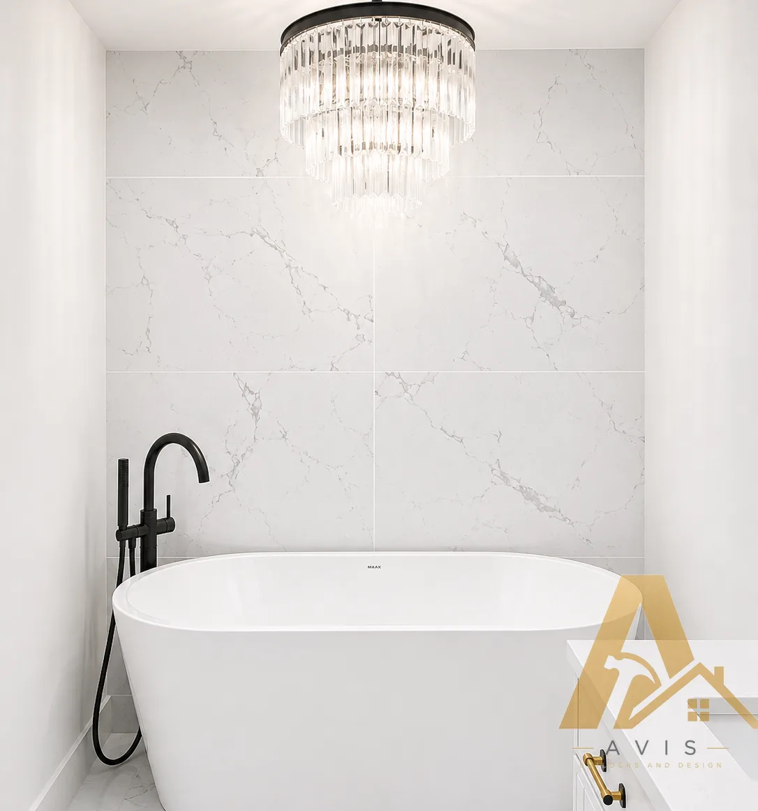 Freestanding tub against marble-effect tile beneath a pendant light